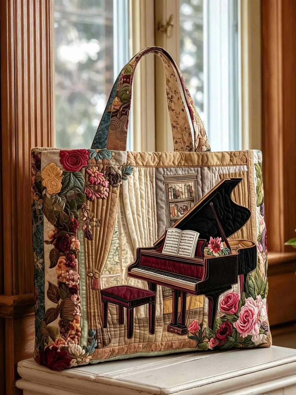 Vintage Grand Piano Floral Patchwork Quilted Tote Bag