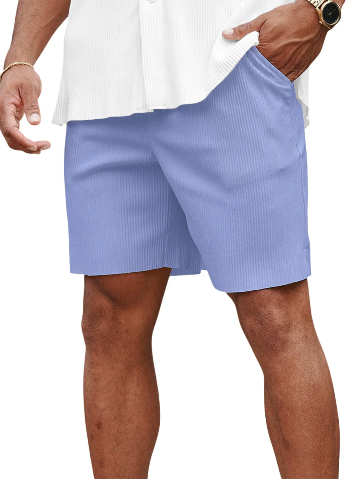 Men's Casual Pit Stripe Pleated Elastic Stretch Shorts with Side Pockets