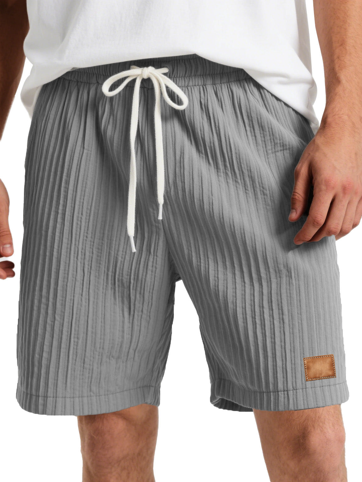 Men's Fashion Casual Striped Fabric Embroidered Logo Lace-up Loose Shorts