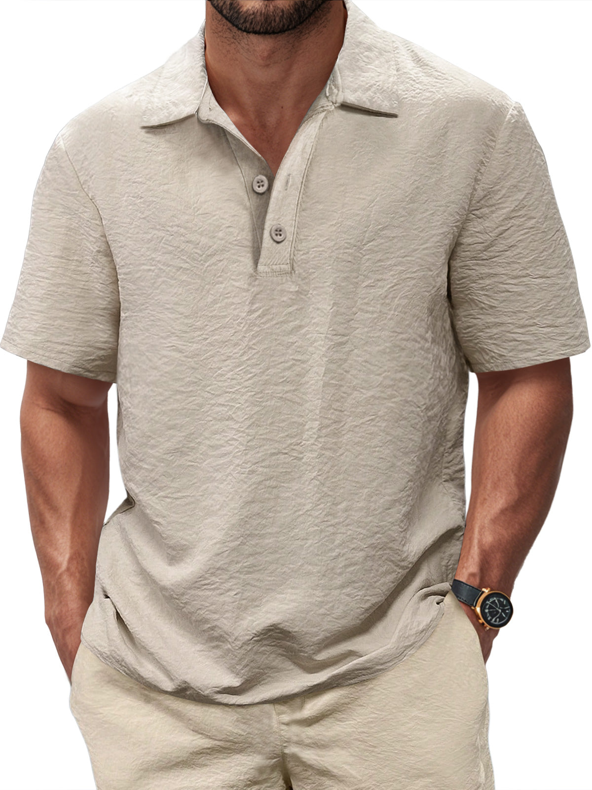 Men's Casual Pleated Texture Button Solid Color Short-sleeved Polo Shirt