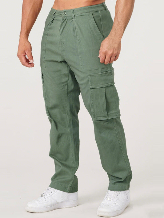 Men's Practical Large Pocket Retro Trend Solid Color Casual Sports Loose Straight Trousers