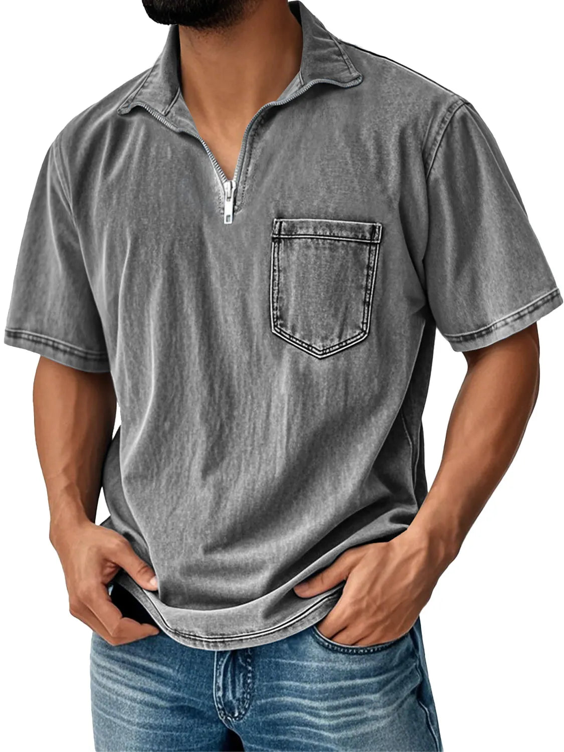Men's Retro Daily Stand Collar Zipper Pocket Casual Short Sleeve T-shirt