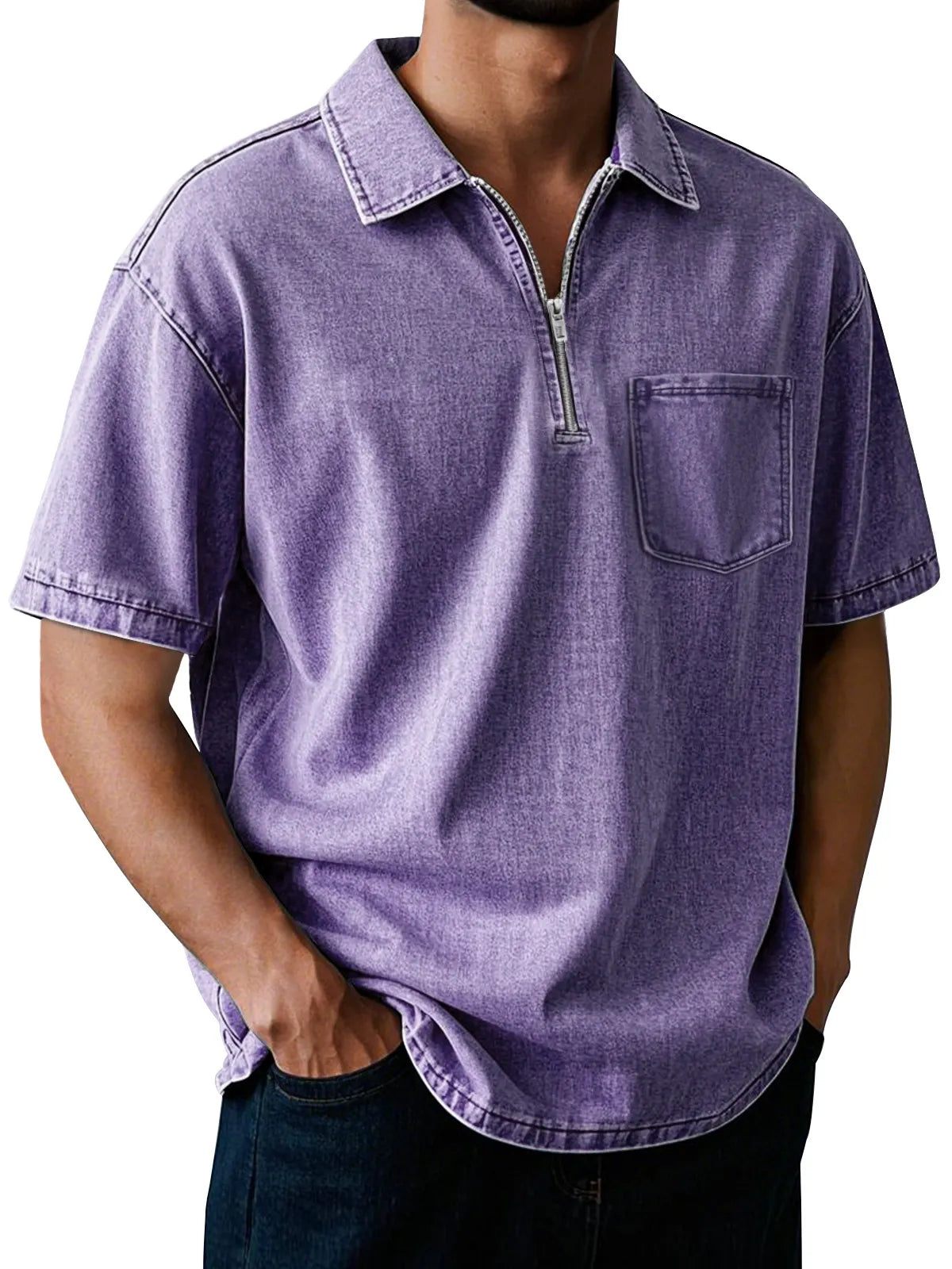 Men's Retro Lapel Zipper Pocket Casual Solid Color Short Sleeve POLO Shirt