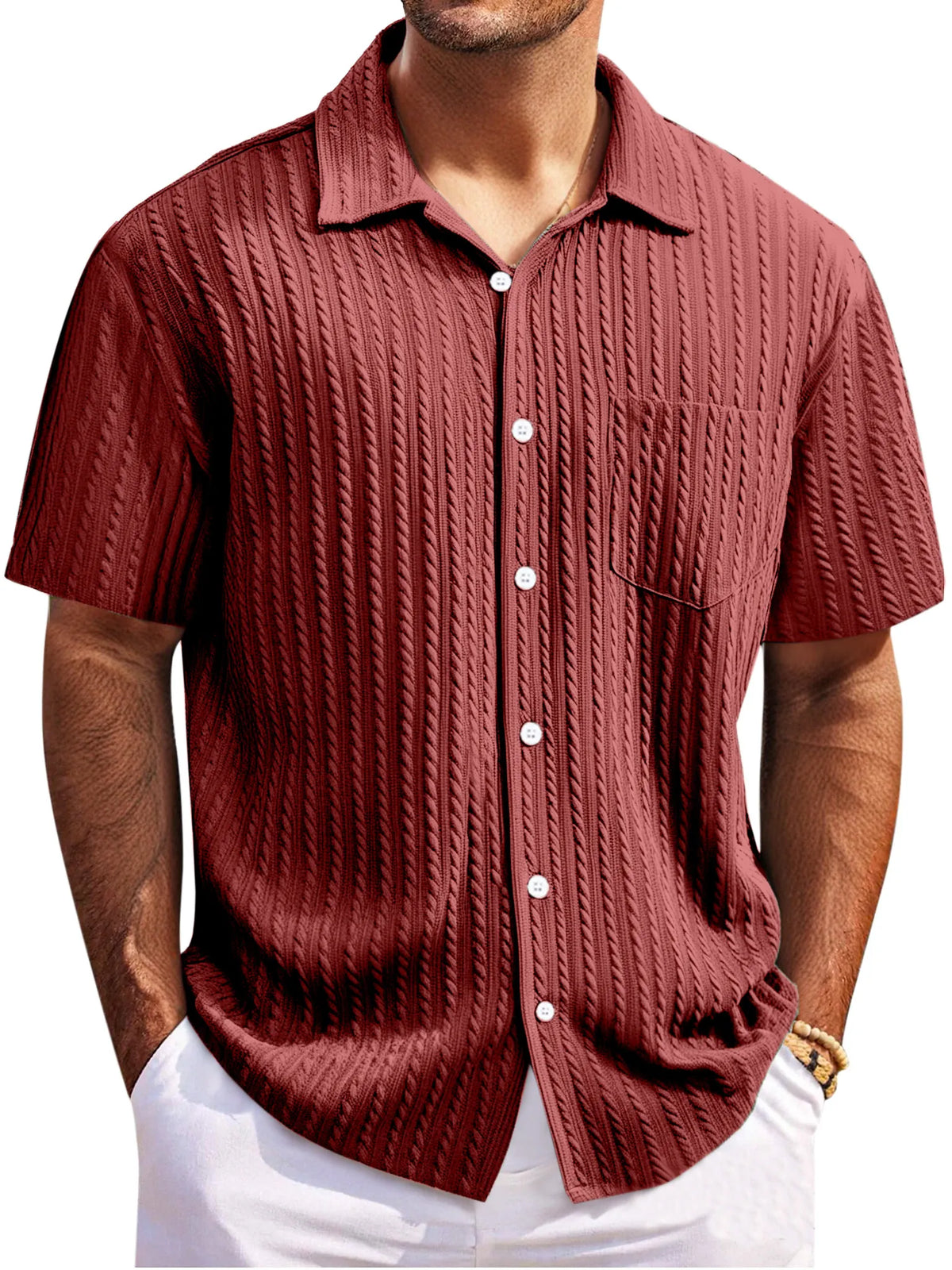 Men's Simple Everyday Twist Texture Short-sleeved Lapel Button-down Shirt