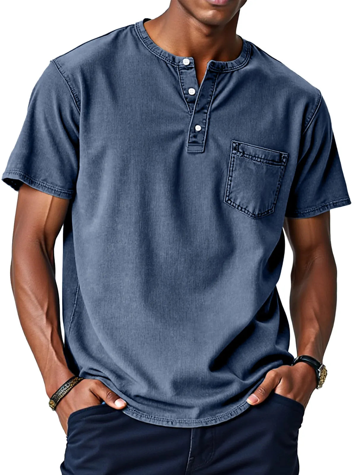 Men's Retro Solid Color Loose Button Stand Collar Short Sleeve Henley Shirt