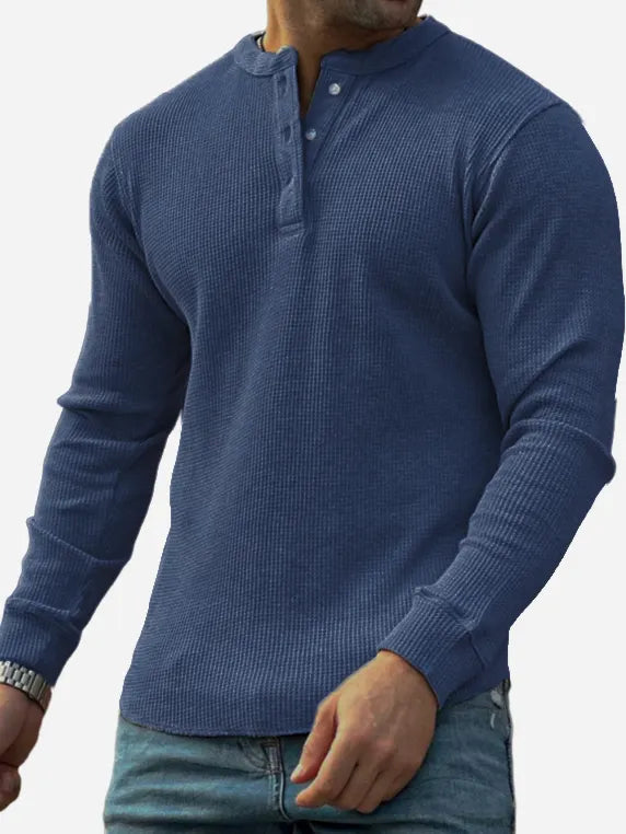 Men's Textured Waffle Trend Long Sleeve Lapel Henley