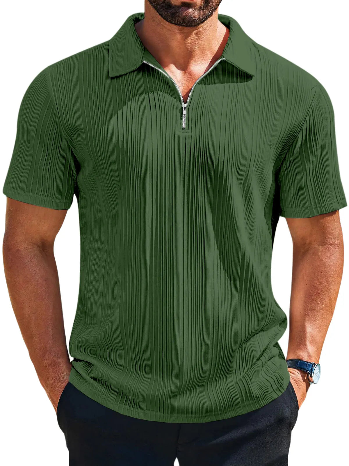 Men's casual loose solid color texture zipper short-sleeved POLO shirt