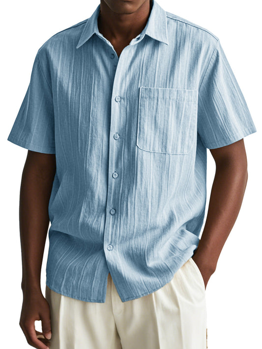 Men's Fashion Casual Pleated Fabric Short Sleeve Pocket Shirt