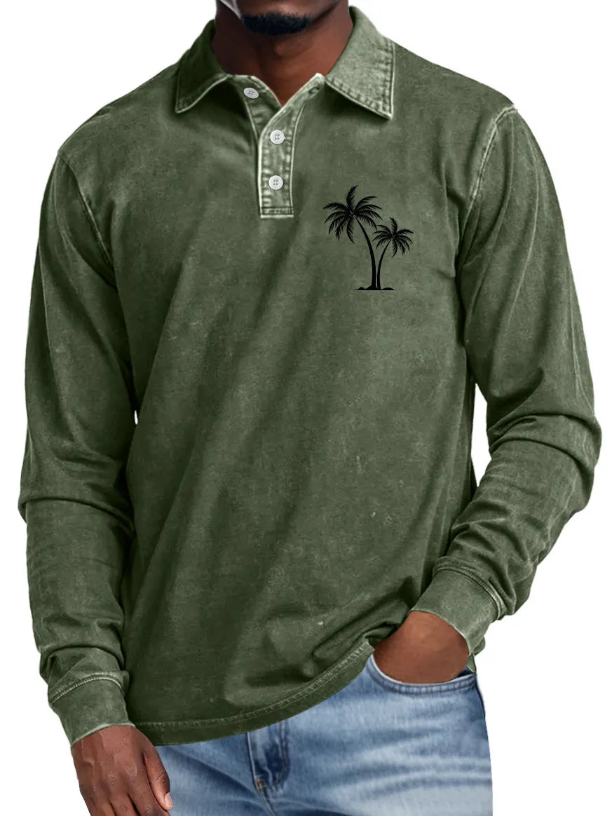 Men's Casual Lapel Buttoned Coconut Print Long Sleeve POLO Shirt