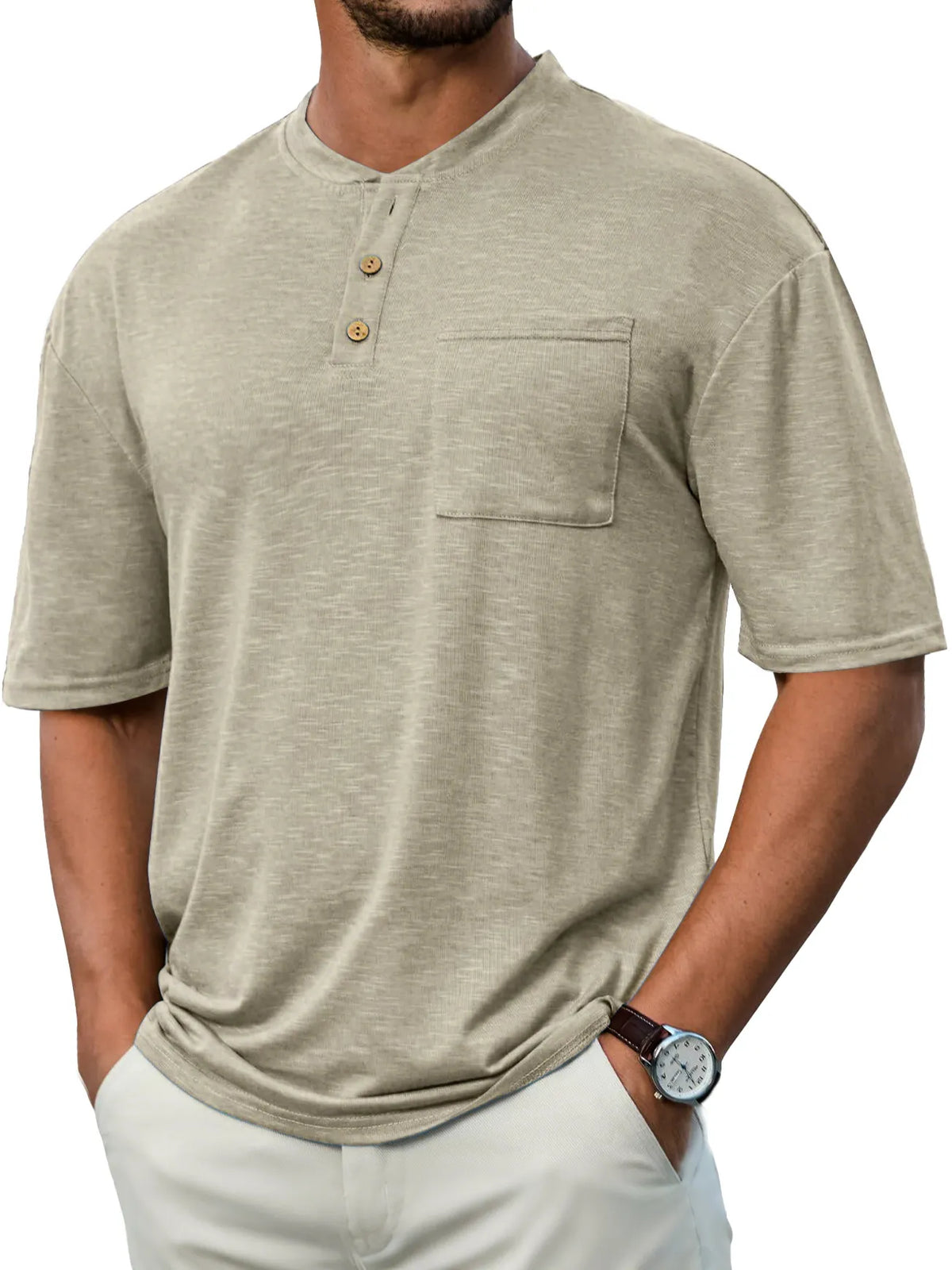 Men's Everyday Casual Stand Collar Pocket Comfort Short Sleeve Henley Shirt