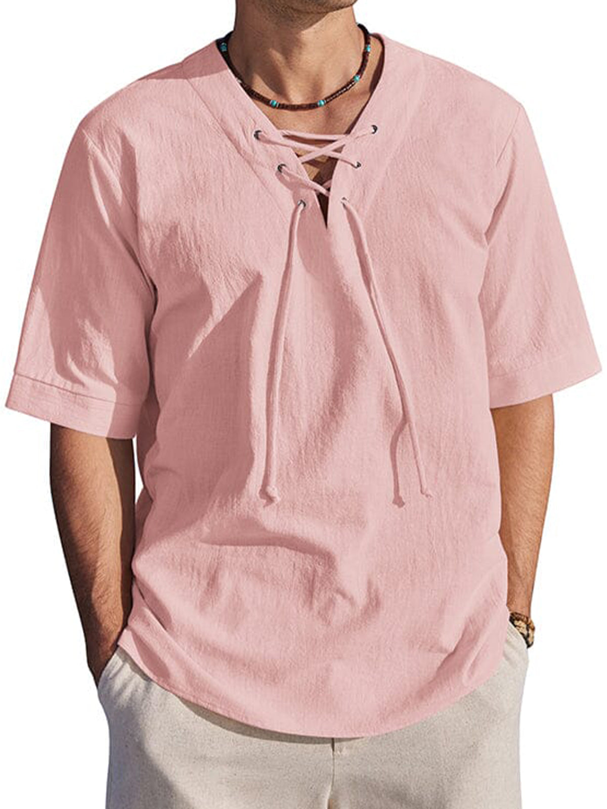 Men's Holiday Tie-Drape Hollow Neck Linen Casual Short Sleeve T-Shirt