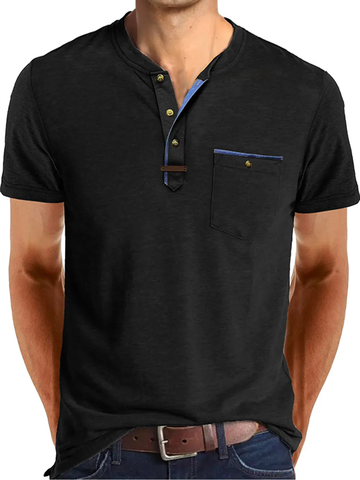 Men's Casual Button Solid Color Pocket Short Sleeve Henley Shirt