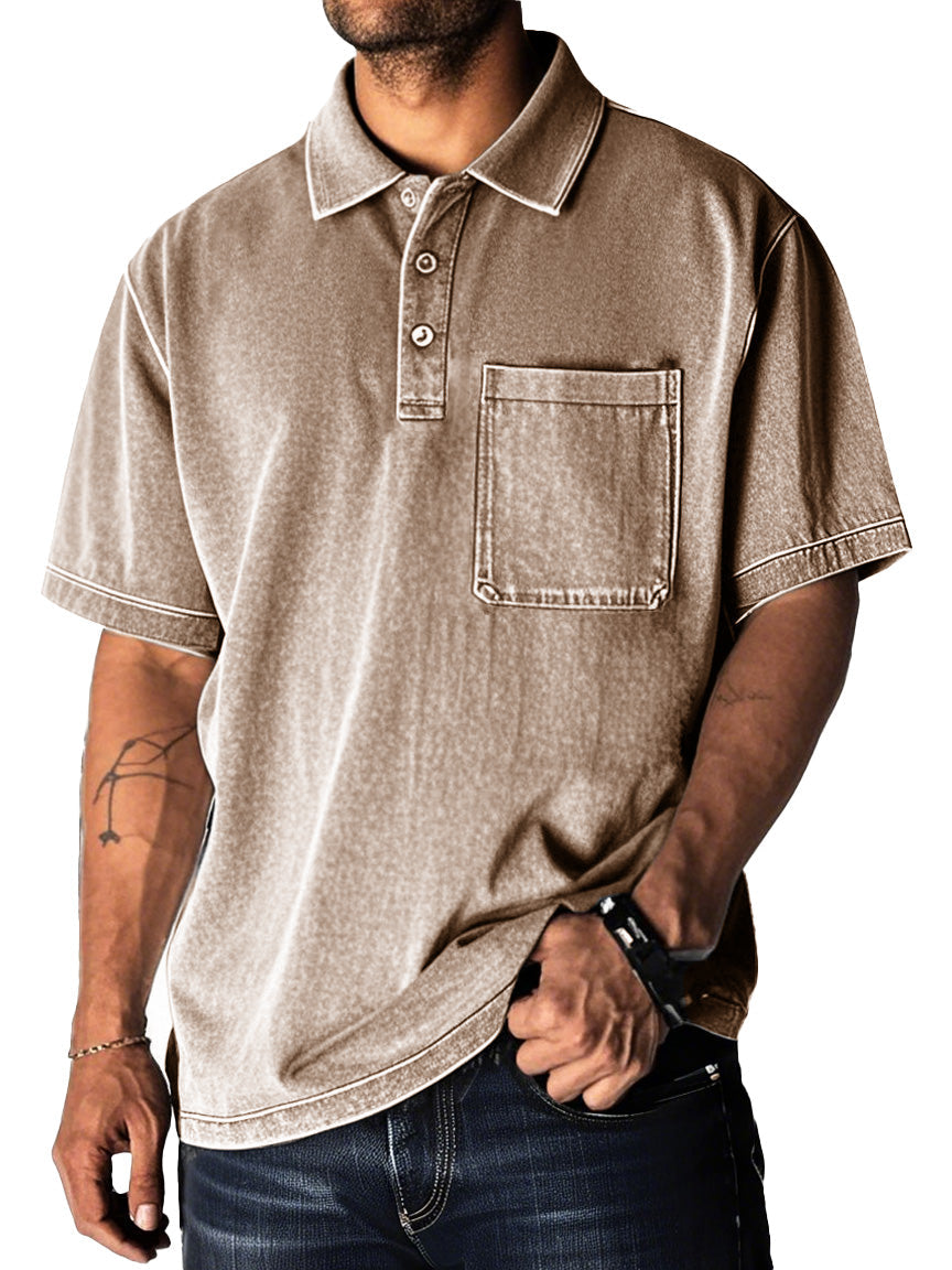 Men's Fashion Retro Distressed Pocket Short Sleeve Lapel Polo Shirt