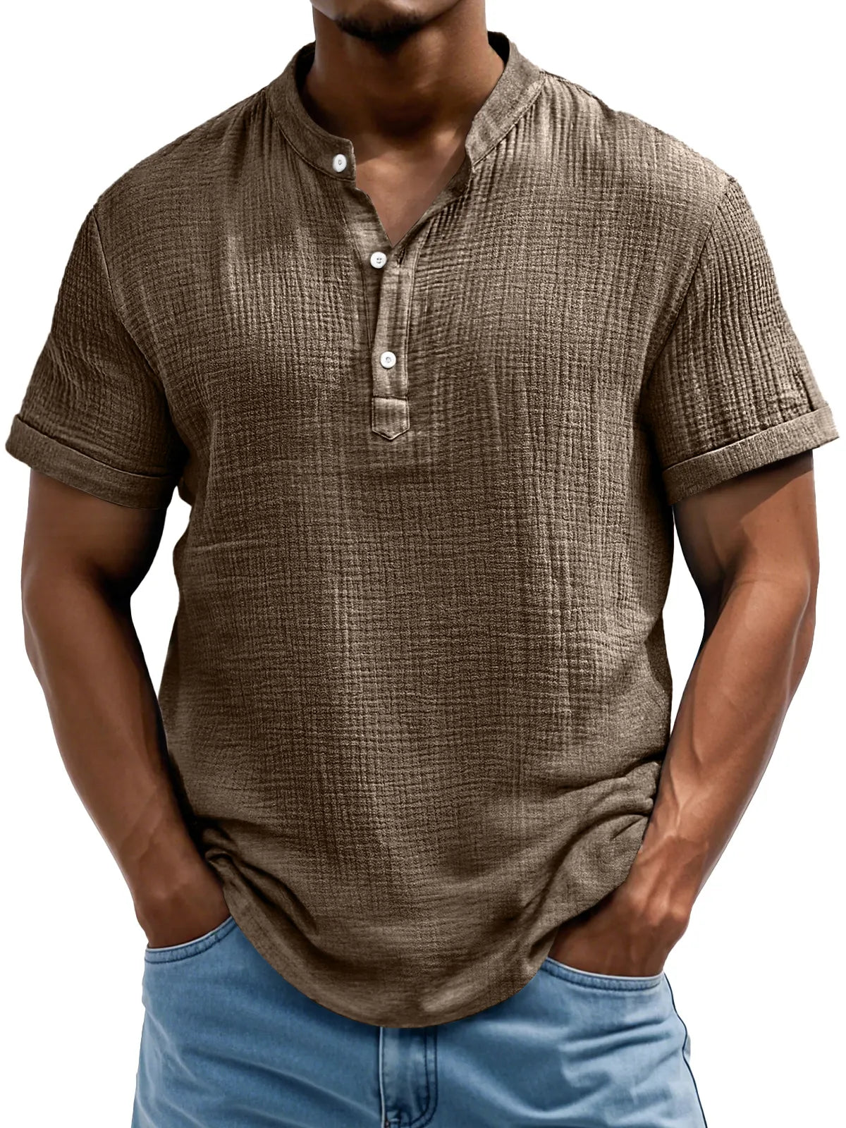 Men's Daily Casual Textured Half-Placket Henley Short Sleeve Shirt