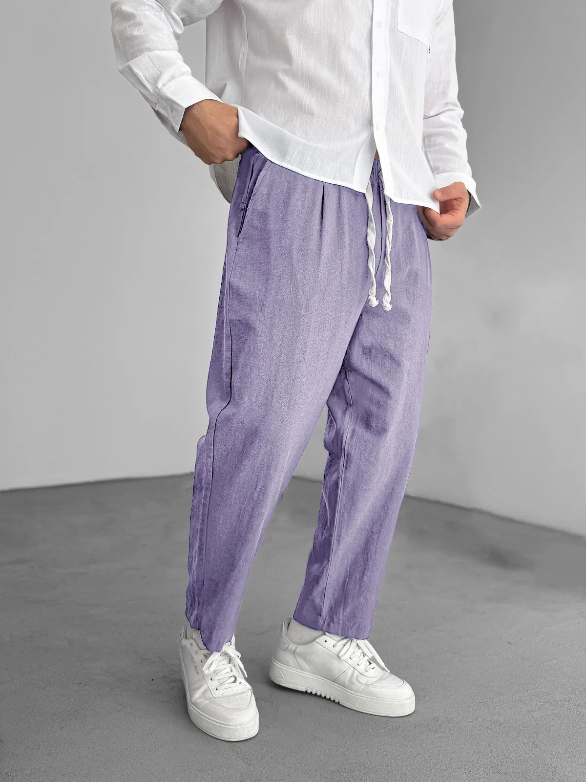 Men's Fashion Casual Hemp Fabric Elastic Drawstring Pocket Trousers