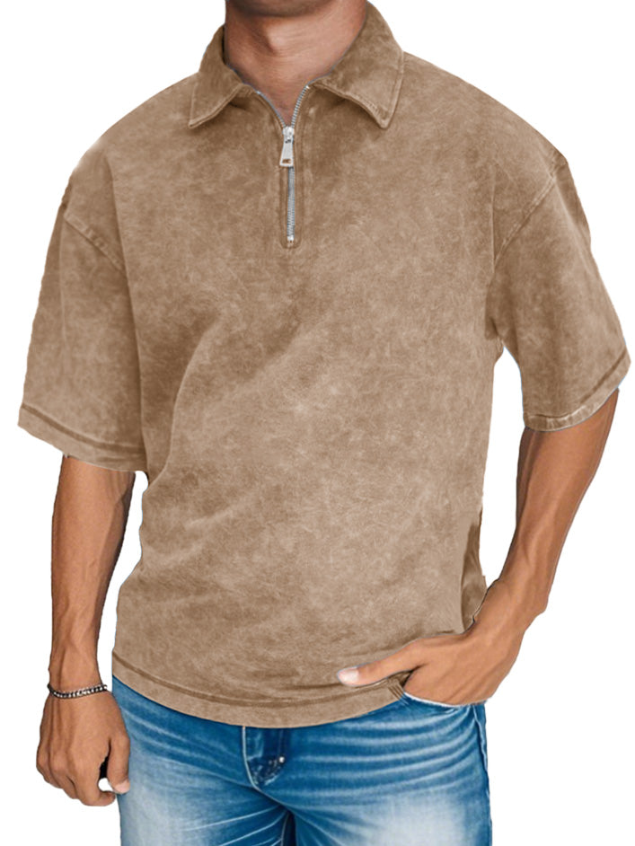 Men's Fashion Retro Distressed Short Sleeve Lapel Zipper Polo Shirt