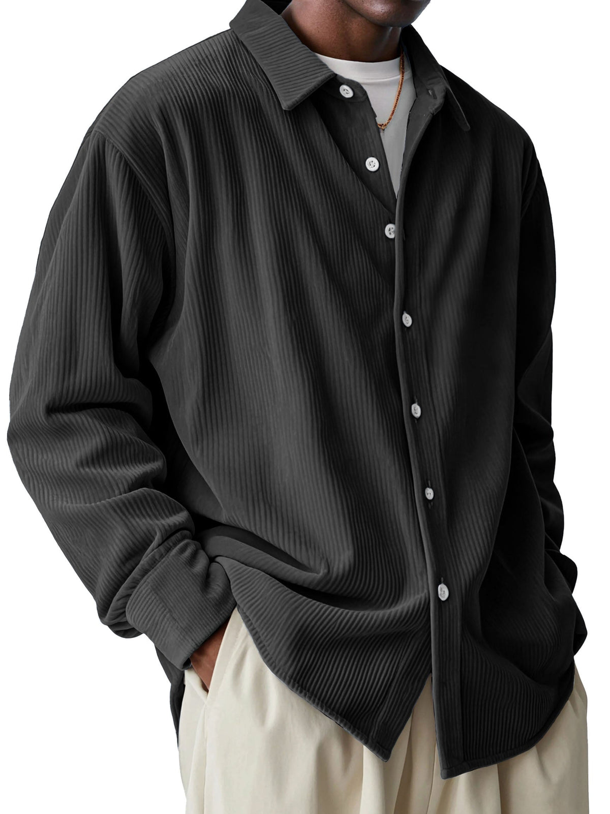 Men's Fashionable Corduroy Pit Fabric Long Sleeve Lapel Shirt
