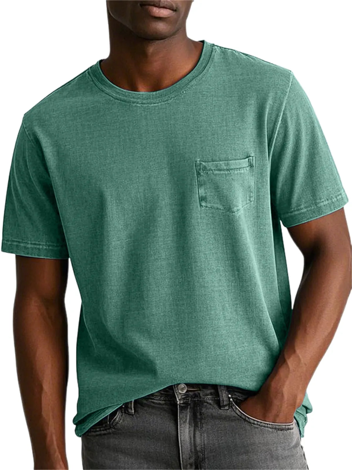 Men's 100% Cotton Washed And Distressed Retro Pocket Round Neck Short-sleeved T-shirt