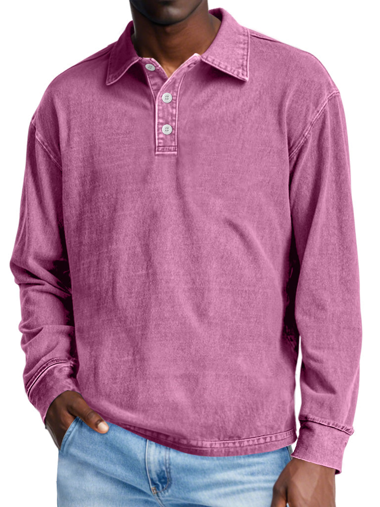 Men's Retro Distressed Lapel Button Casual Solid Color POLO Shirt