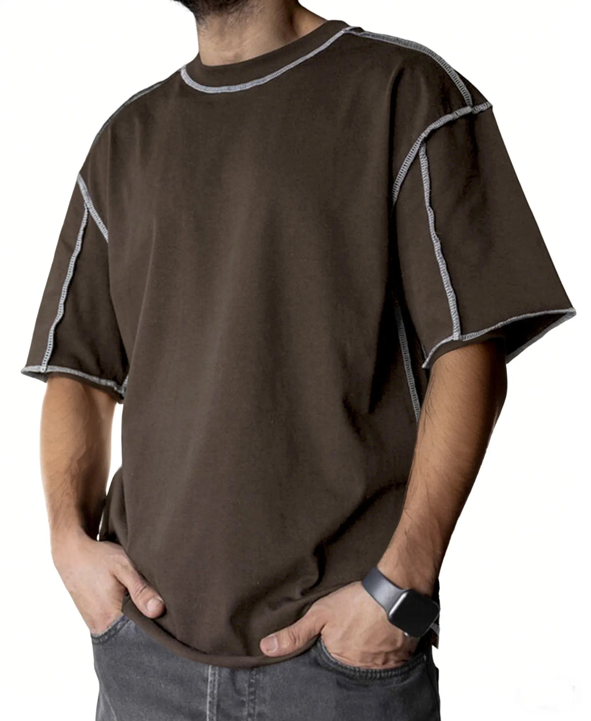 Men's Stylish Contrast Stitch Casual Everyday Basics Crew Neck T-Shirt