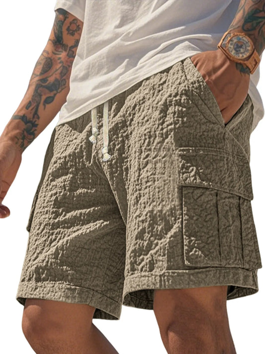 Men's Comfortable Seersucker Pleated Multi-Pocket Cargo Shorts Textured Casual Loose Casual Shorts