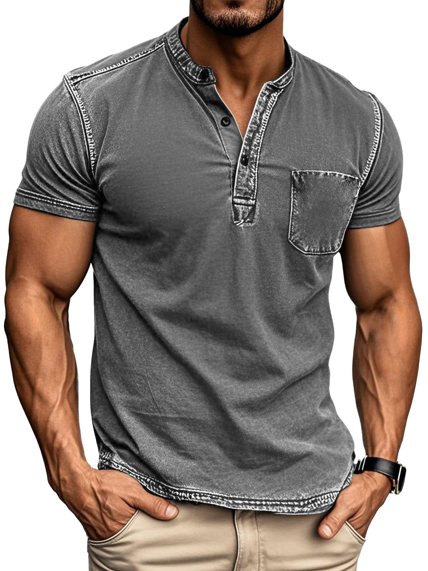 Men's Vintage Outdoor Distressed Short Sleeve Pocket Henley Shirt
