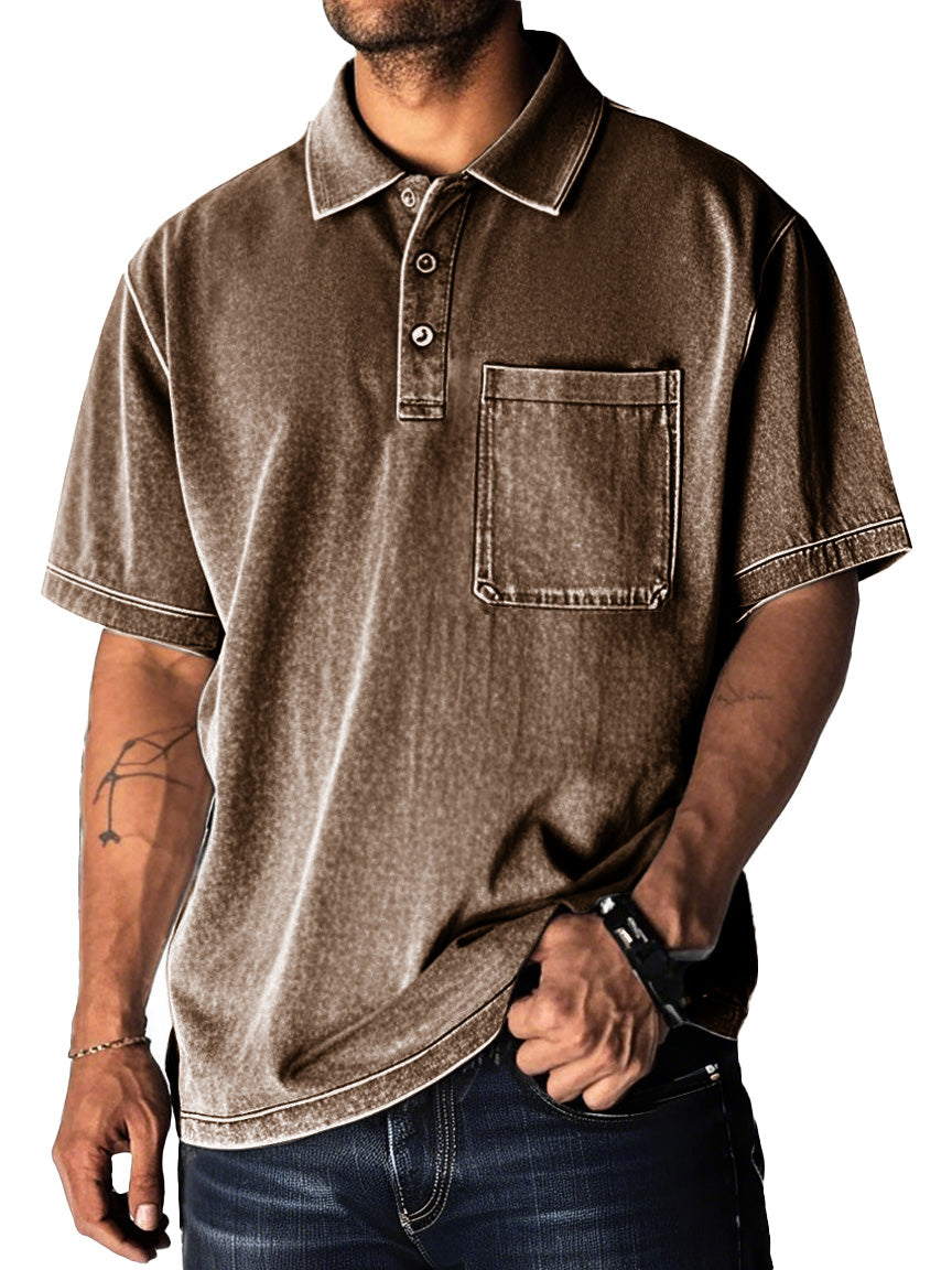 Men's Fashion Retro Distressed Pocket Short Sleeve Lapel Polo Shirt