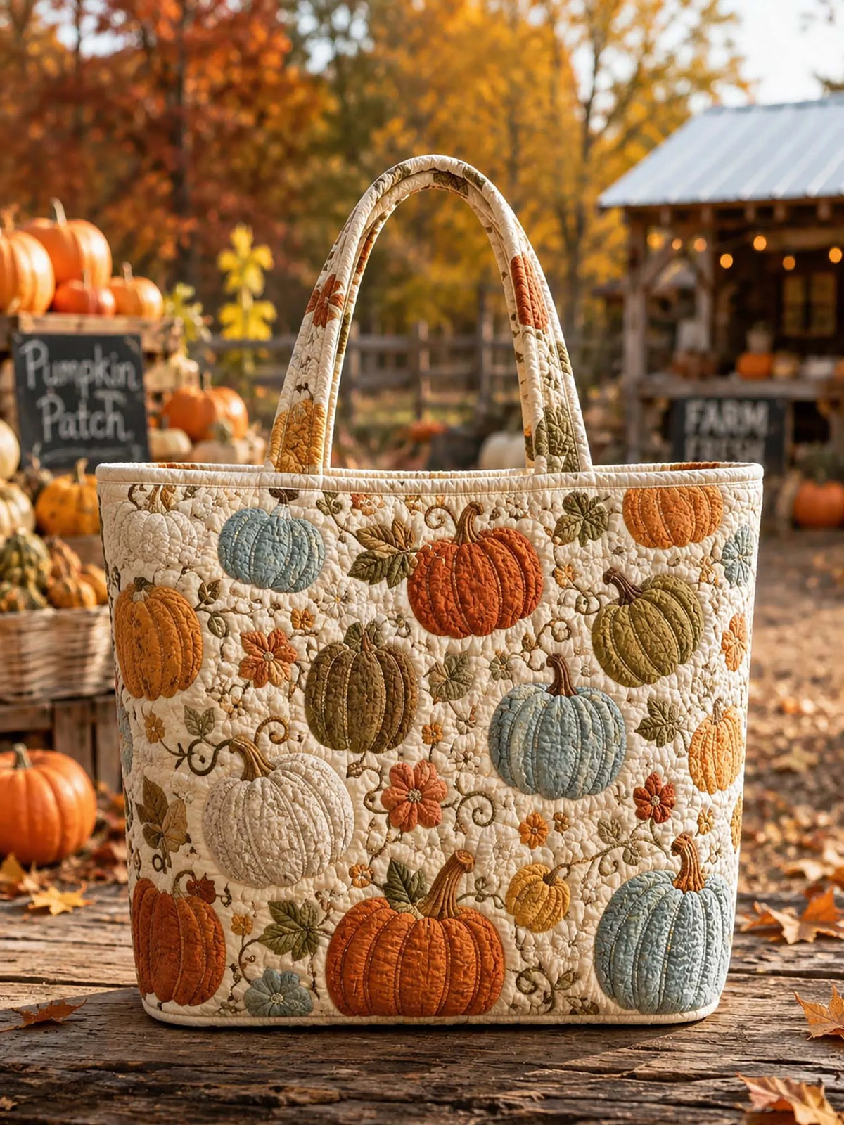 Autumn Harvest Multi‐Color Pumpkin Quilted Tote Bag
