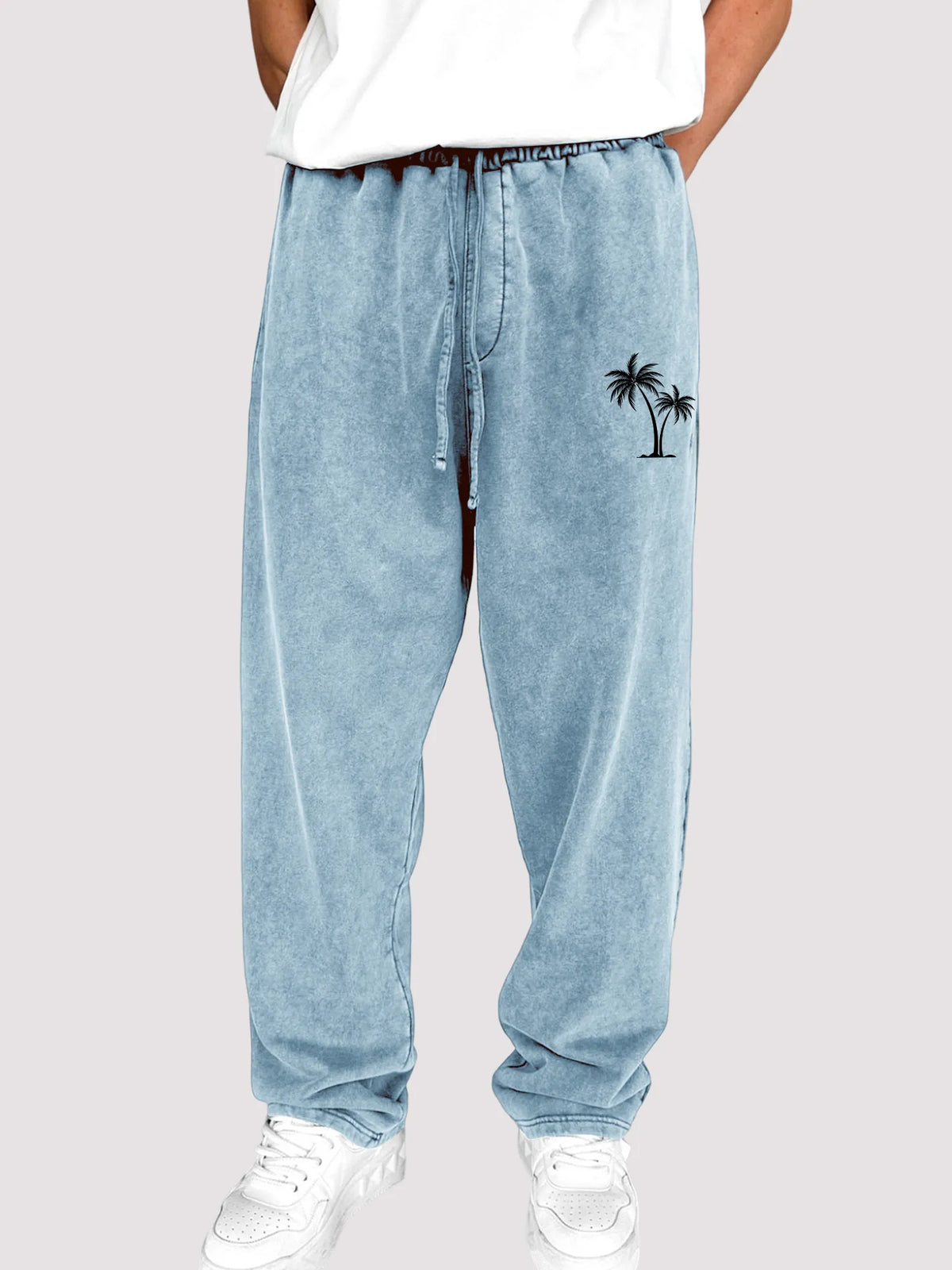 Men's Dyed Vintage Coconut Tree Printed Holiday Casual Elastic Waist Drawstring Trousers