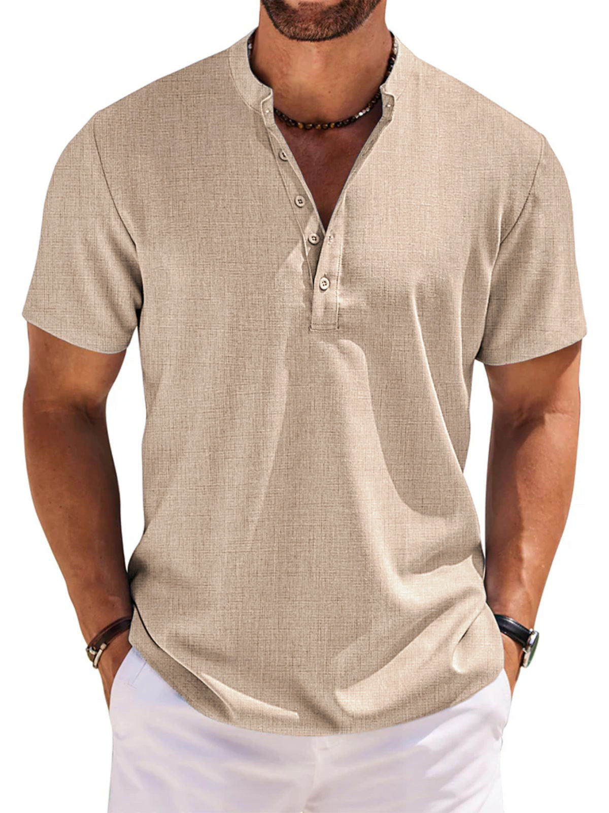 Men's 100% Cotton and Linen Casual Short Sleeve Henley Button Shirt