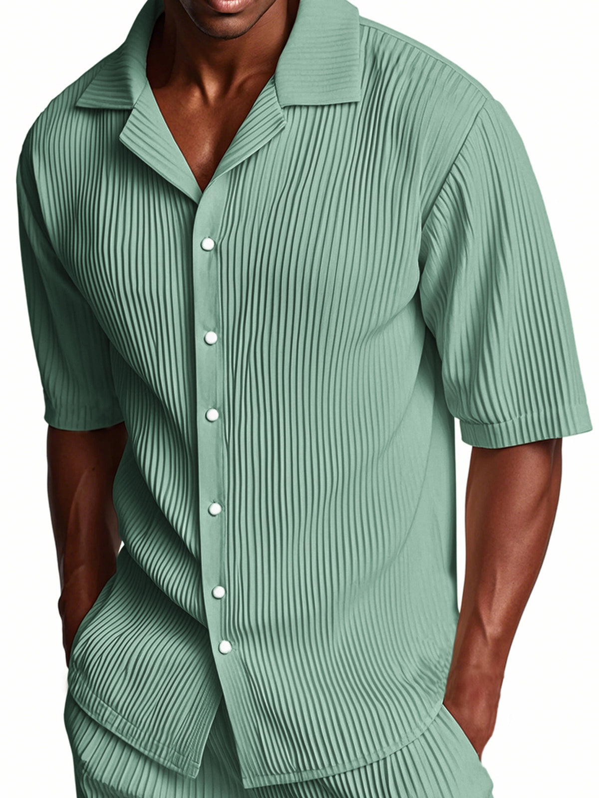Men's Pleated Cuban Collar Casual Ribbed Fabric Short Sleeve Lapel Shirt