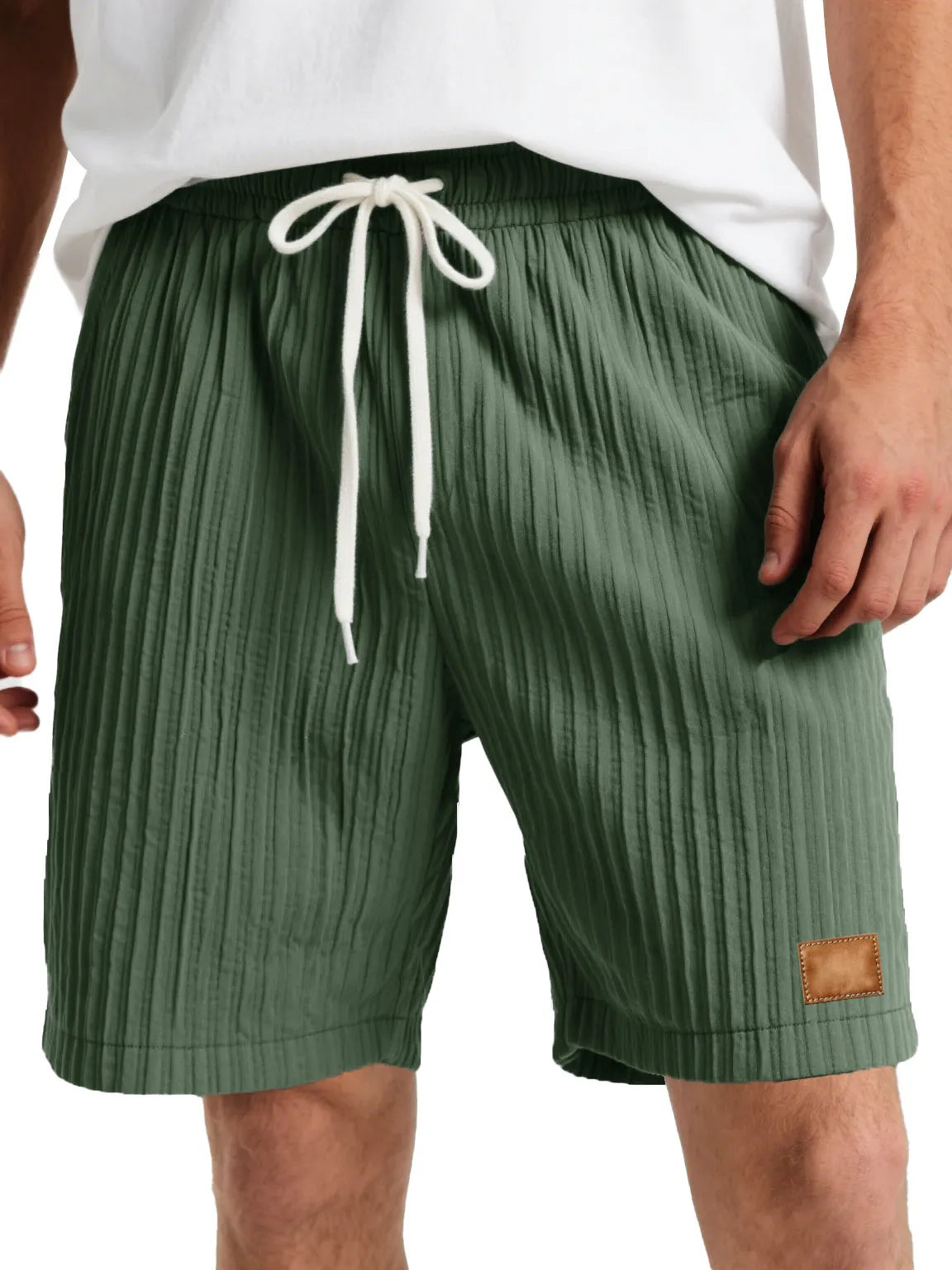 Men's Fashion Casual Striped Fabric Embroidered Logo Lace-up Loose Shorts