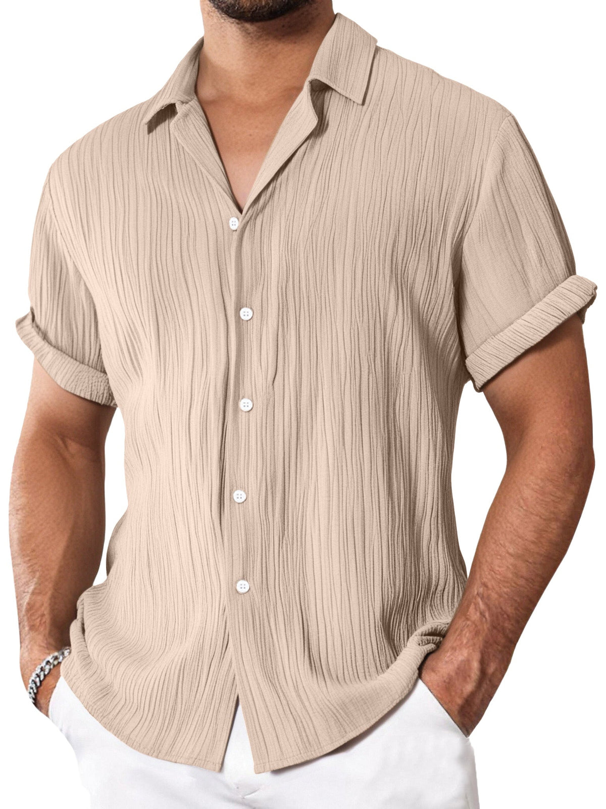 Men's Simple Everyday Textured Short Sleeve Lapel Button-down Shirt