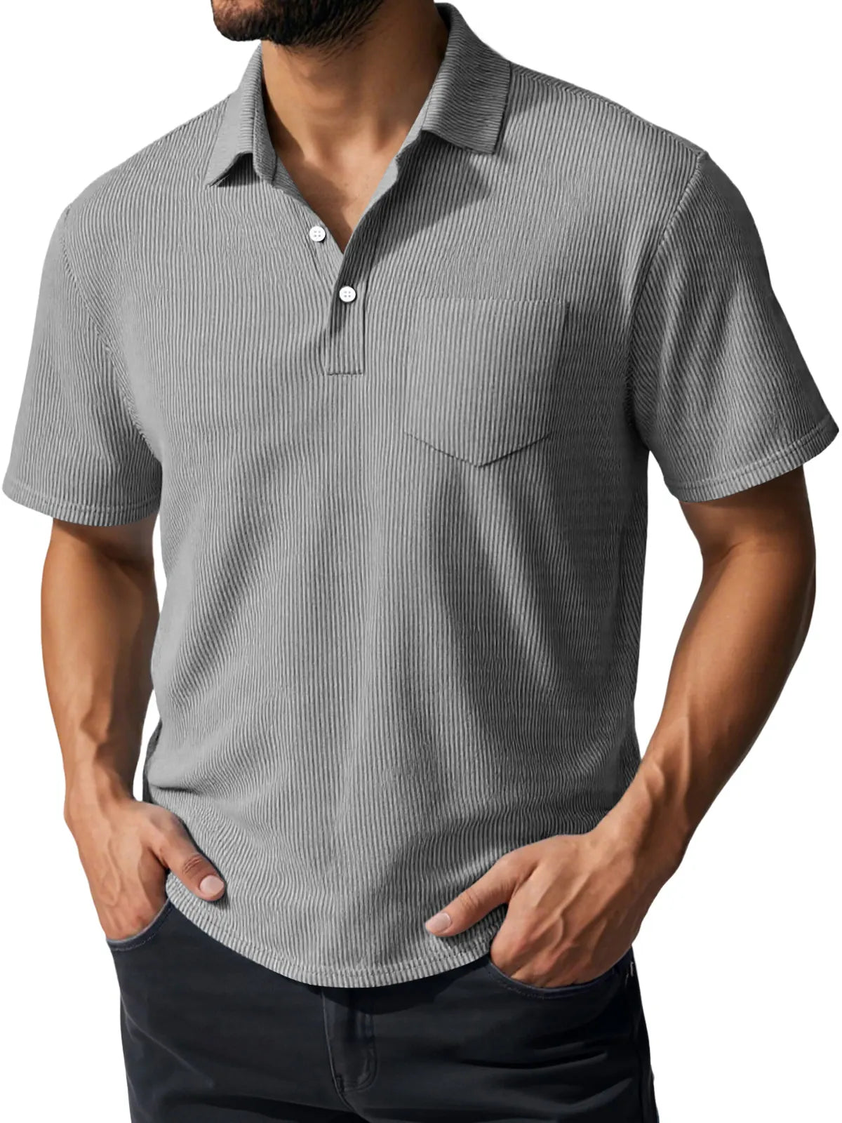 Men's Daily Casual Ribbed Lapel Button Pocket Short-sleeved Polo Shirt