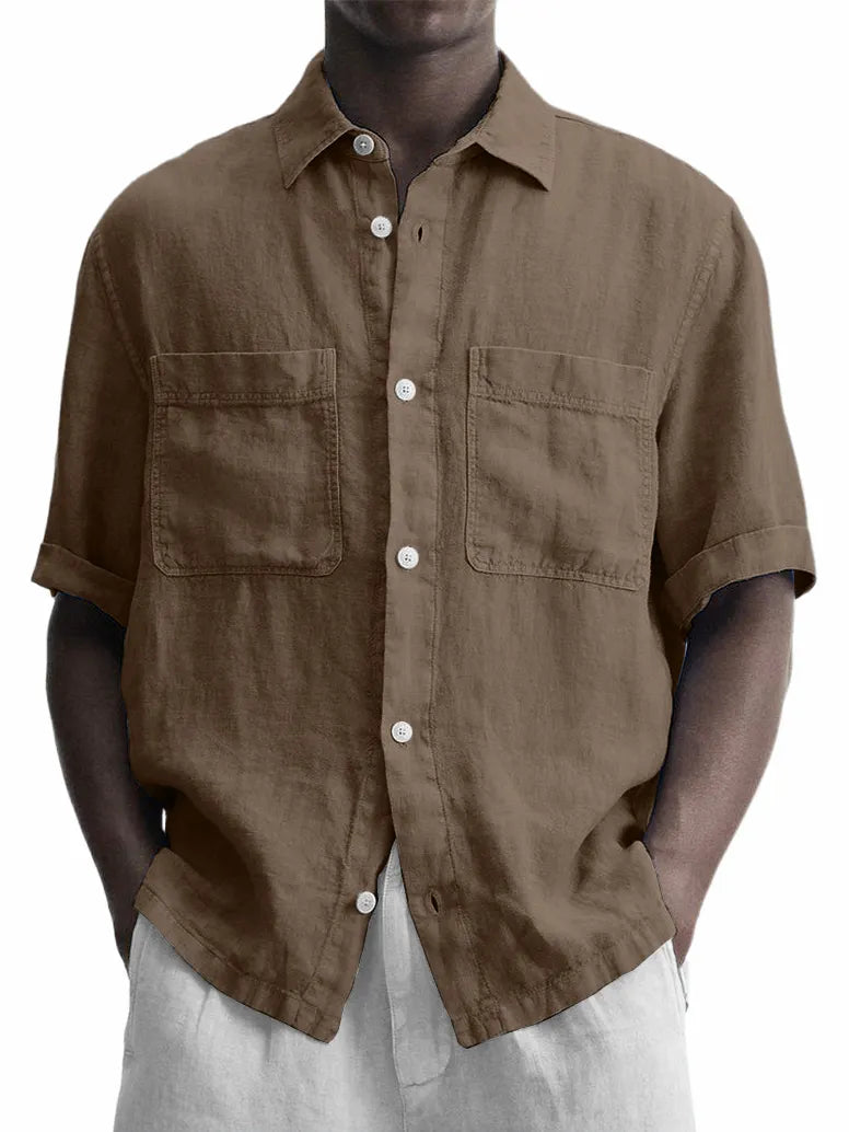 Men's Cotton And Linen Double Pocket Classic Casual Versatile Short-sleeved Shirt