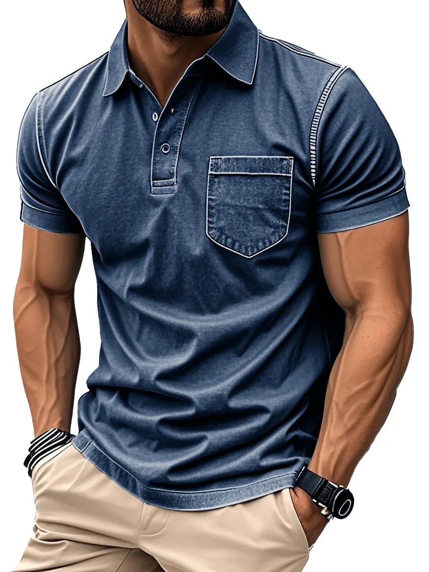 Men's Fashion Retro Distressed Lapel Short-sleeved Pocket Polo Shirt