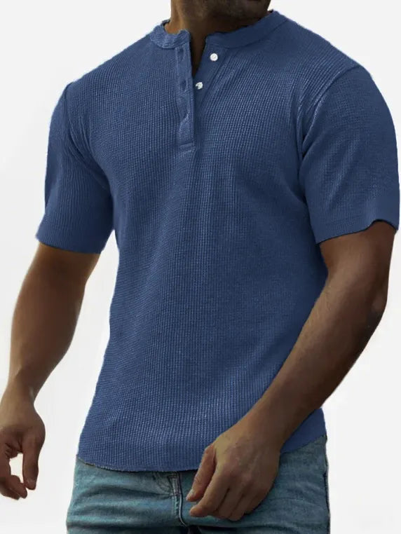 Men's Waffle Fashion Button-Down Henley Short Sleeve Top