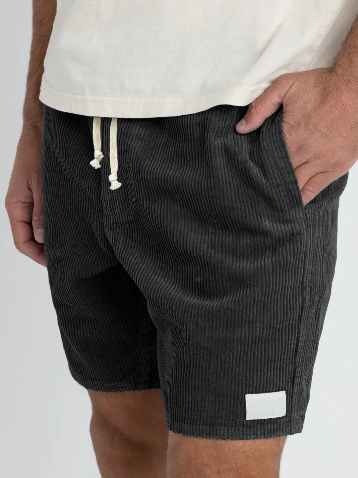Men's Stylish Corduroy Basics Embroidered Logo Comfortable Everyday Lace-Up Shorts with Side Pockets
