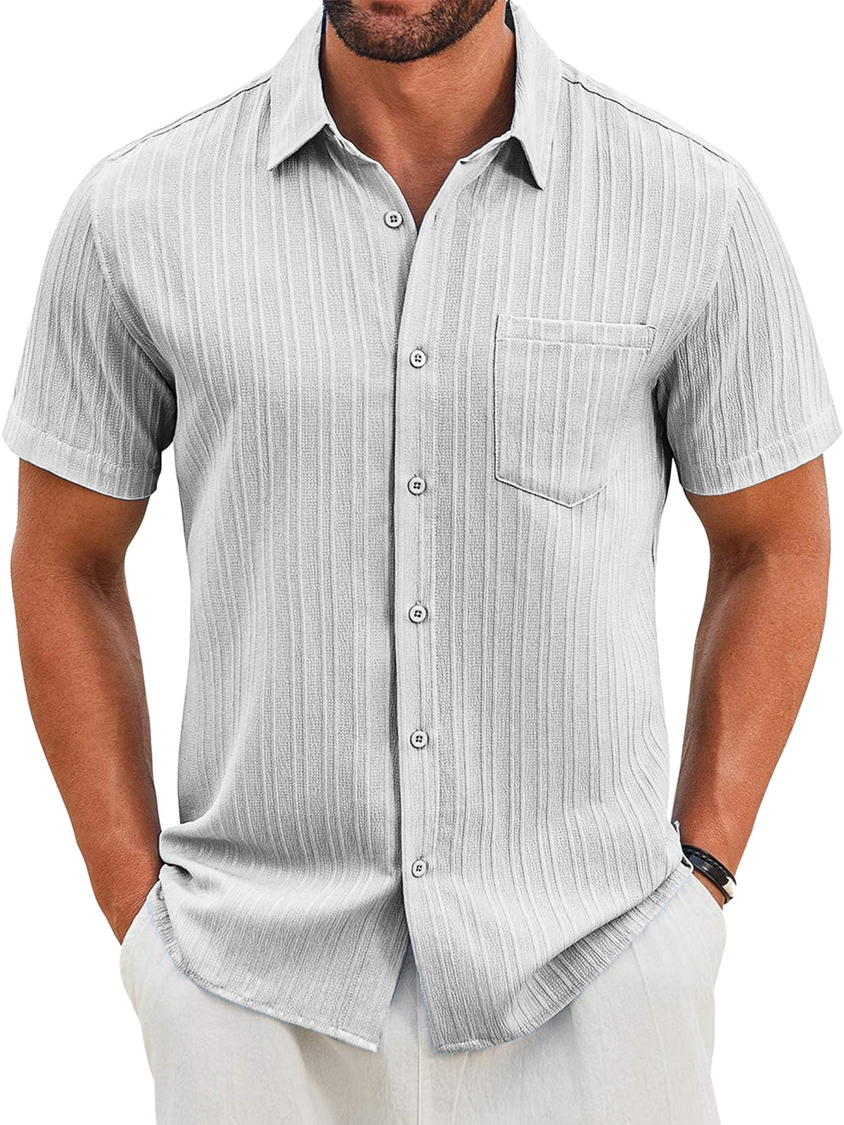 Men's Casual Vertical Striped Textured Lapel Solid Color Short-sleeved Shirt