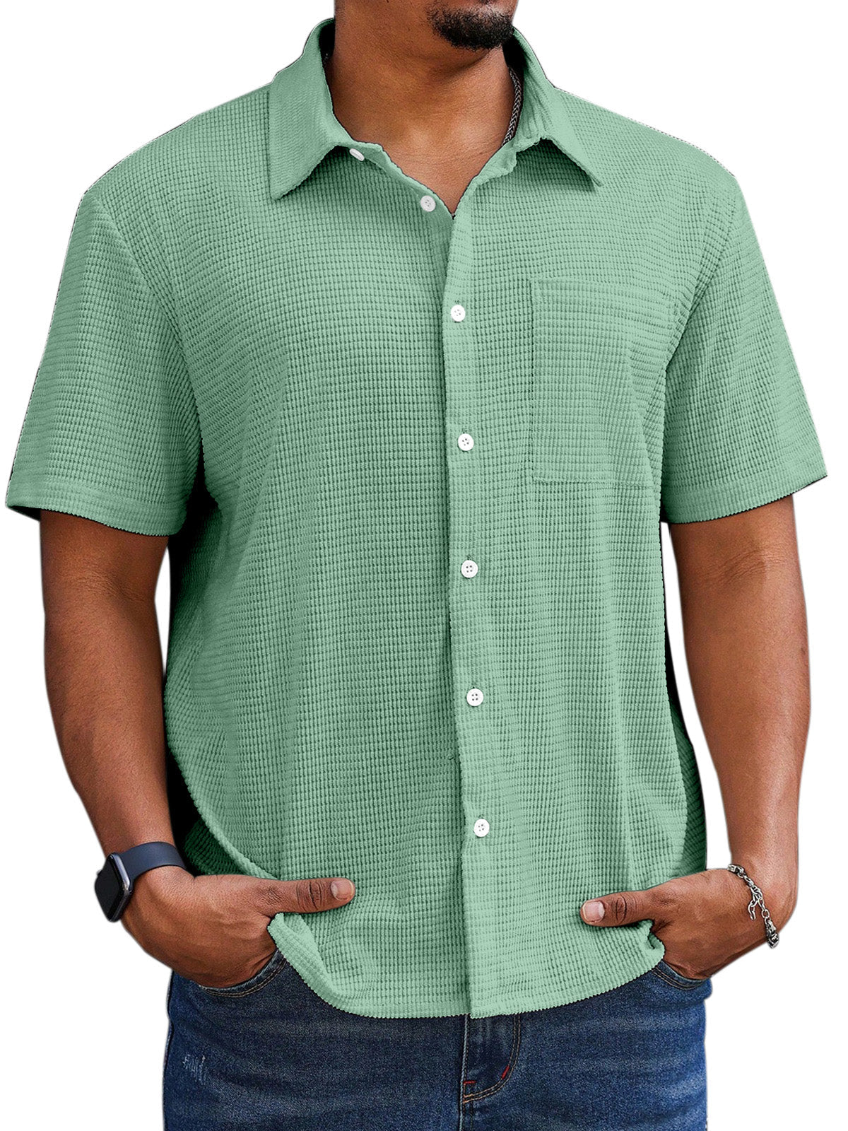 Men's Casual Simple Comfortable Waffle Short Sleeve Shirt