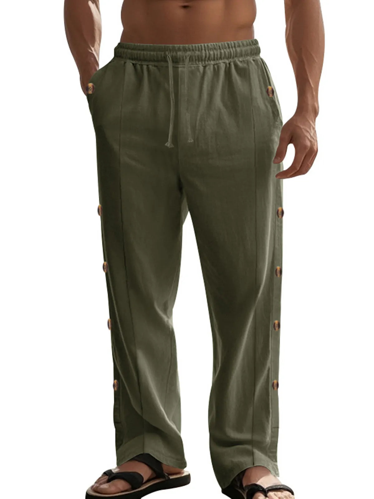 Men's Drawstring Linen Waist Side Buckle Solid Color Comfortable Daily Casual Straight Trousers