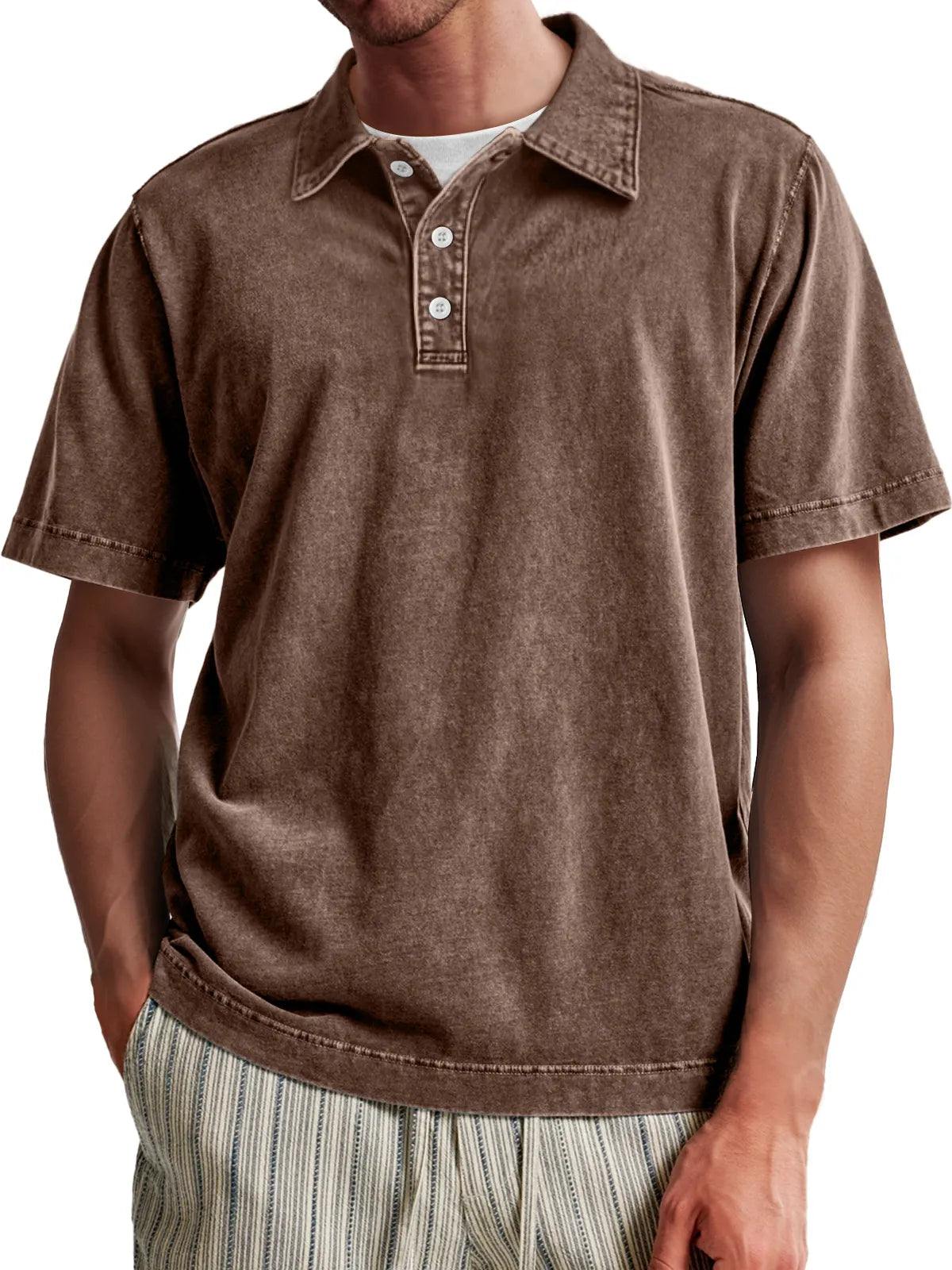 Men's Vintage Washed 100% Cotton Casual Lapel Button Short Sleeve POLO Shirt