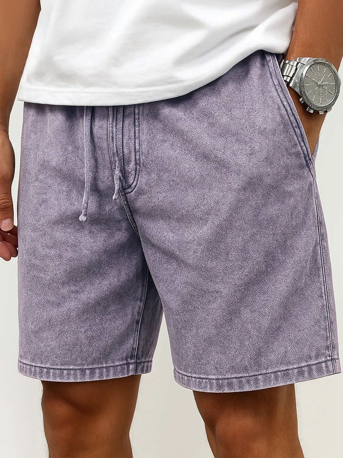 Men's Stylish Washed Lace-Up Casual Cropped Shorts with Side Pockets