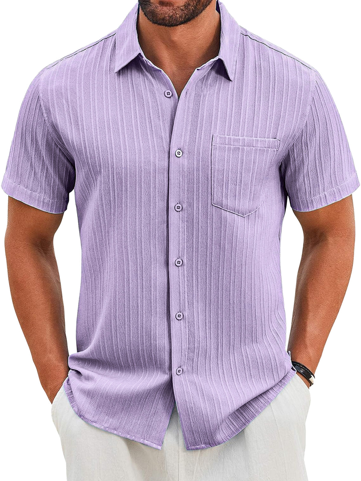 Men's Casual Vertical Striped Textured Lapel Solid Color Short-sleeved Shirt