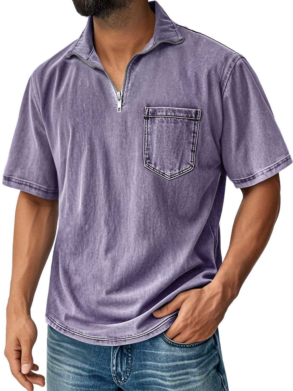 Men's Retro Stand Collar Zipper Casual Pocket Comfortable Short Sleeve T-shirt