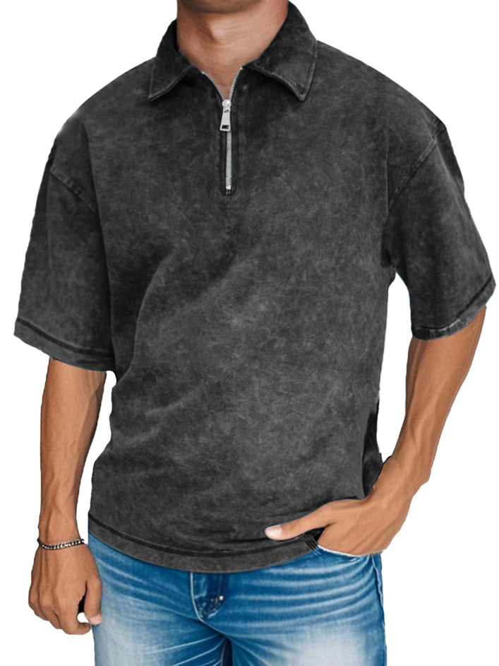 Men's Fashion Retro Distressed Short Sleeve Lapel Zipper Polo Shirt