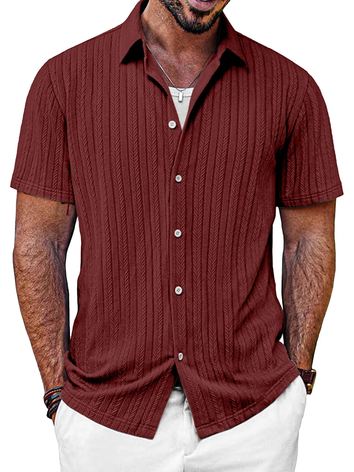 Men's Casual Solid Color Textured Short-sleeved Button-down Shirt