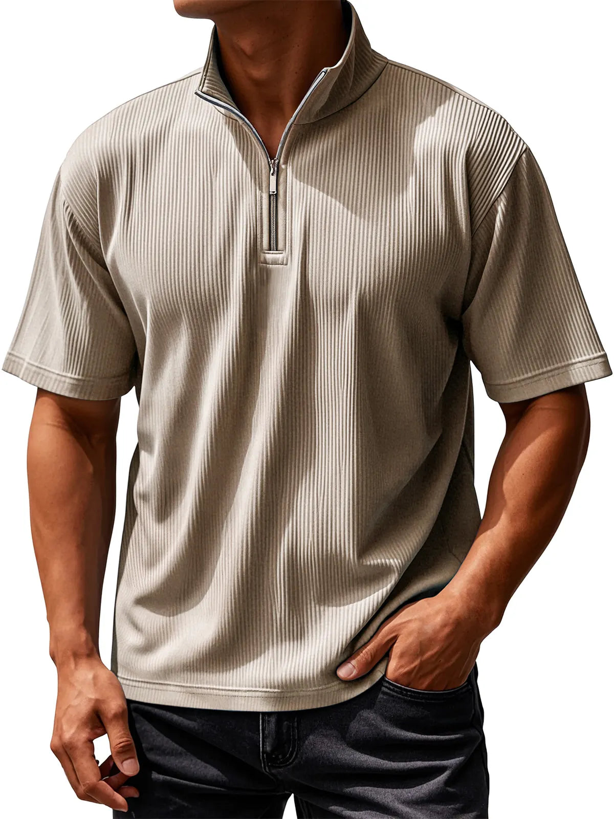 Men's Daily Ribbed Texture Casual Solid Color Short-sleeved T-shirt