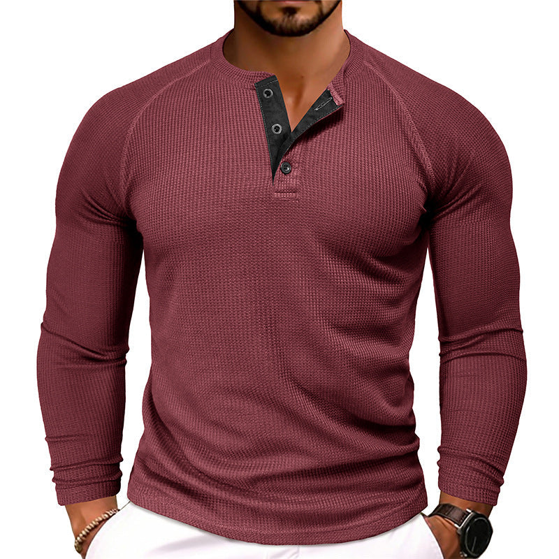 Men's Waffle Henley Collar Textured Long-sleeved Top