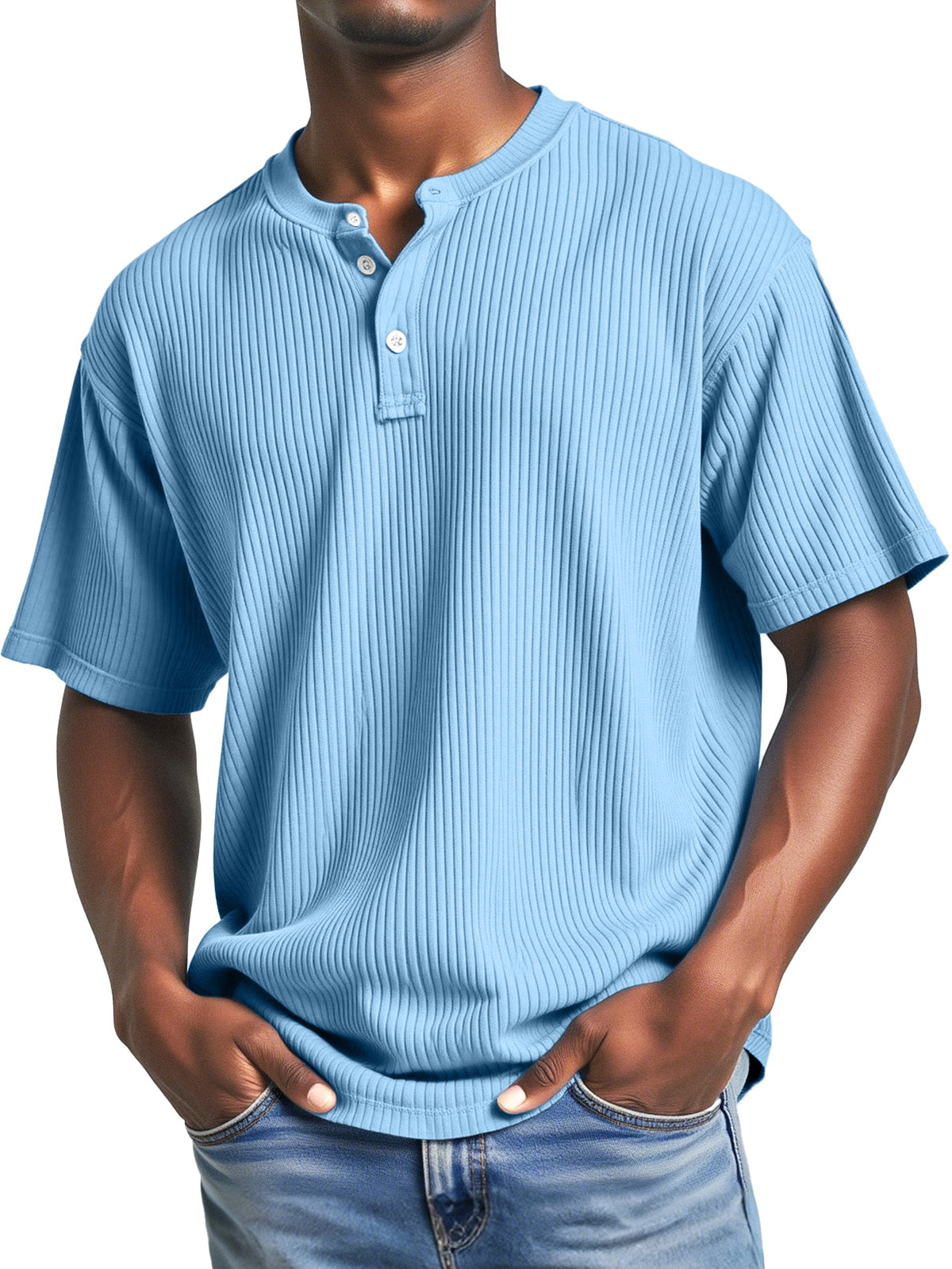 Men's Casual Solid Color Simple Pitted Texture Short-sleeved Henley Shirt